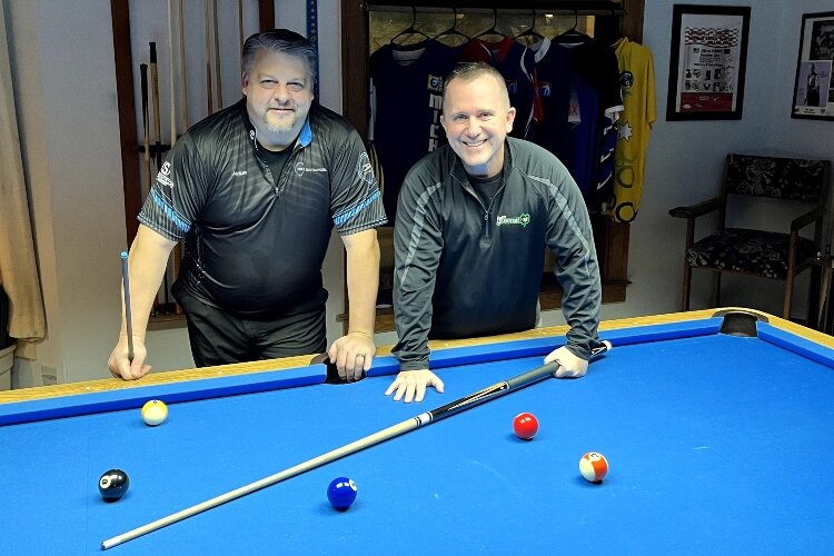 Jason Lynch, at left, and Mike Hewitt are among the world-class trick-shot players coming to Bay City this month for the  World Championship Artistic Pool Tournament. 