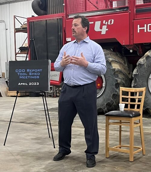 Michigan Sugar Company President and CEO Neil Juhnke addresses grower-owners from the cooperative's East District during a Tool Shed meeting held in April 2023 at Maple Grove Acres in Ruth. (Photo courtesy of Michigan Sugar)
