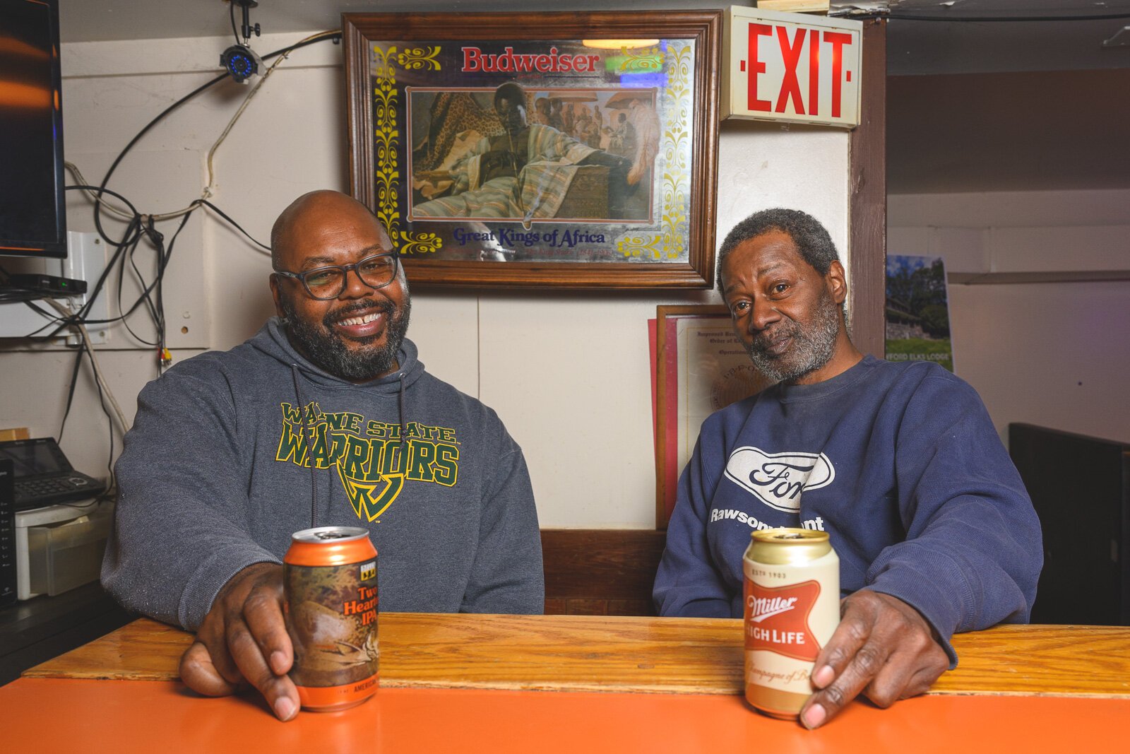 Andre Watson and Gregory Pee at the basement lounge of the James L. Crawford Elks Lodge.