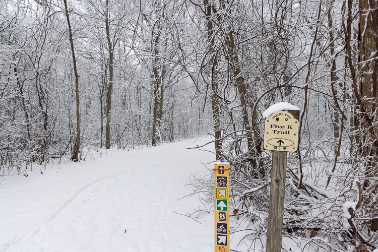 A snowy trail at River Bends Park.