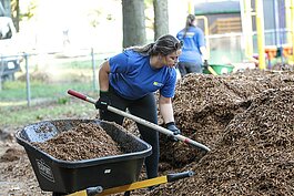 Volunteers worked on projects at WMFC such as spreading mulch on the playground, enclosing rafters in pavilions, clean up of trails and an obstacle course, and worked on the baseball field. 