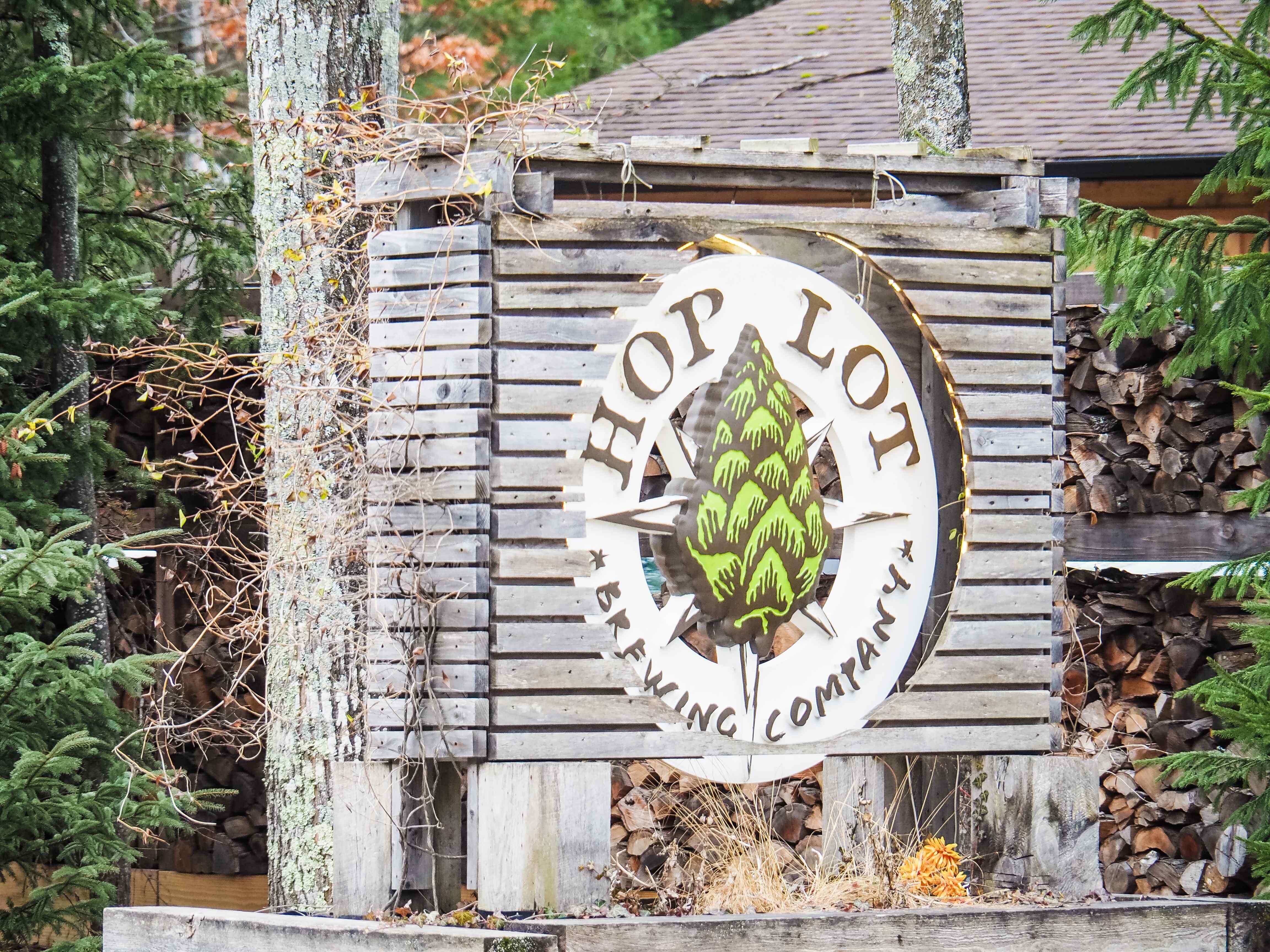 The Hop Lot Brewing Co. sign on Route 22 south of Suttons Bay.