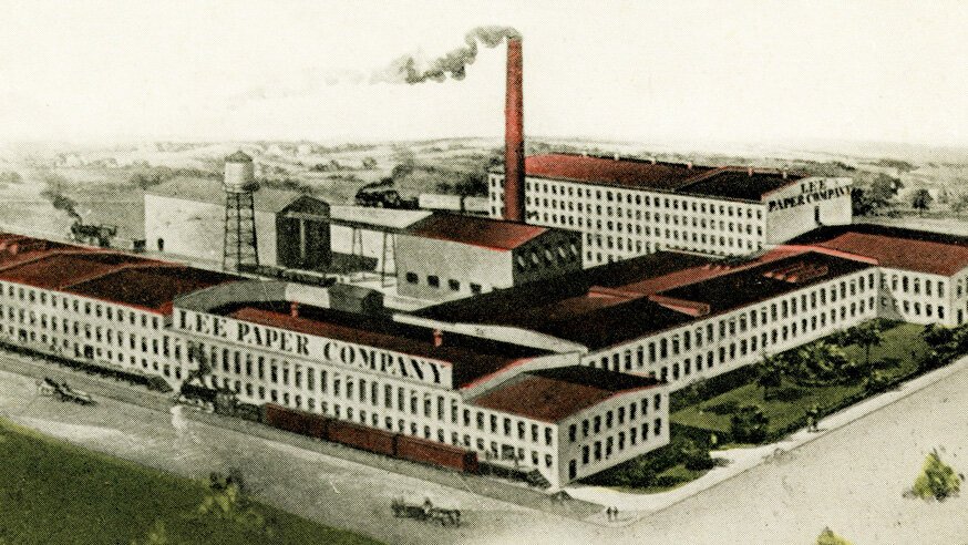 An historic postcard of the Lee Paper Mill, which once generated over 17 tons of paper per day at its peak.