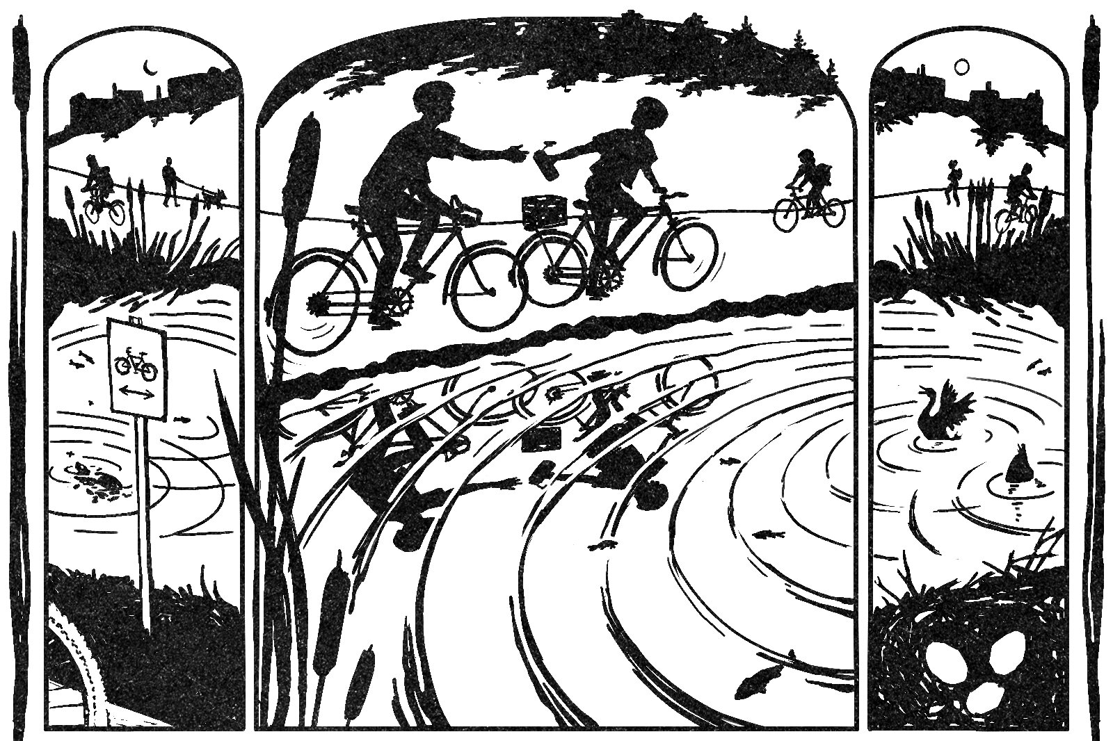 Series Teaser: Green Sabbath. Artist's comment: "People passing a reusable water bottle, using bikeways, reducing carbon emissions and vehicle pollution run-off into a nearby wetland habitat."