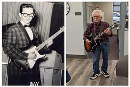 On the right, Bill Bundy at the old Colony Bar in Port Huron between 1958 - 1961. On the left, Bill Bundy rehearsing at the Port Huron Senior Center for the talent show in February 2024.