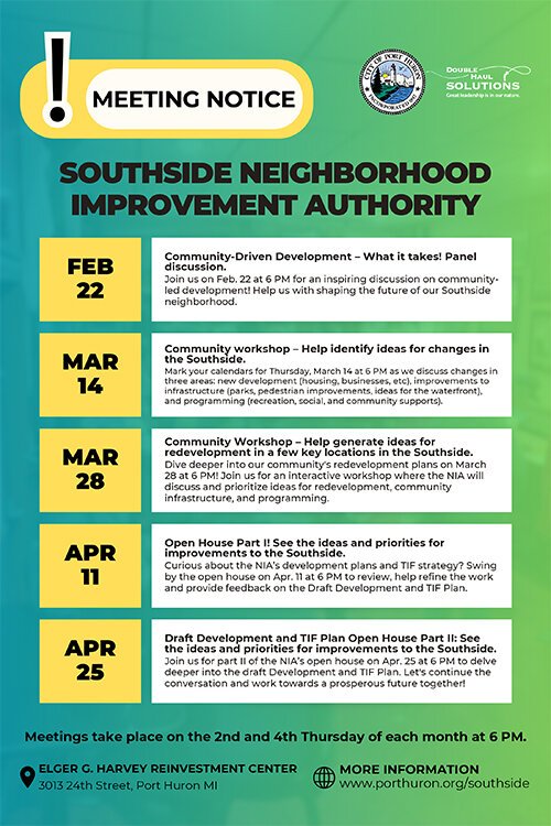 Southside Neighborhood Improvement Authority (NIA) meeting schedule.