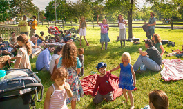 Families enjoying the music at Cobblestone Farm Market