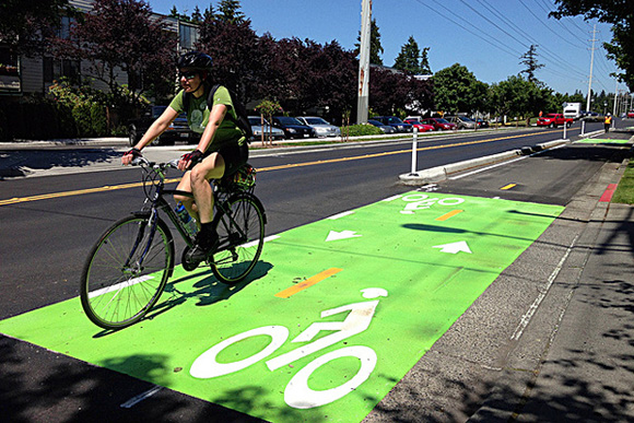 An example of a protected bike lane courtesy PeopleForBikes