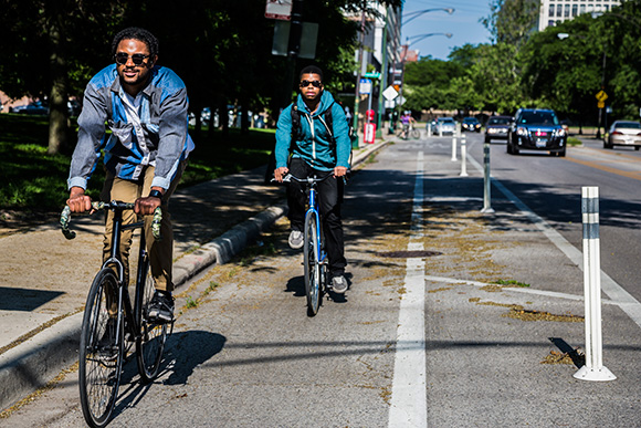 An example of a protected bike lane courtesy PeopleForBikes