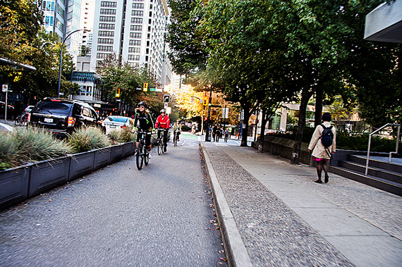 An example of a protected bike lane courtesy PeopleForBikes