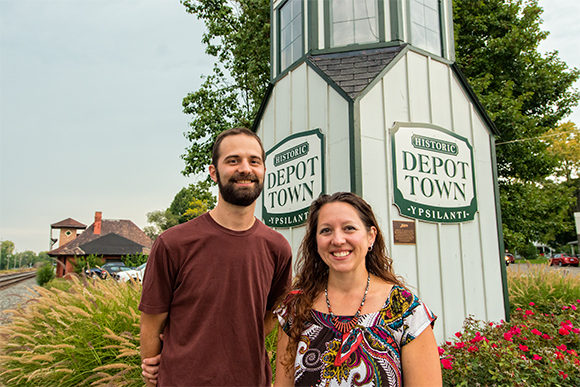 Jeff Yoder and Adrianne Clarke in Depot Town in Ypsilanti