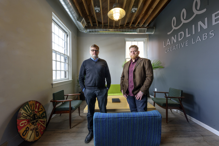 Mark Maynard and Jesse Kranyak in the lobby of Landline Creative Labs.