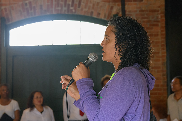 Washtenaw County Commissioner Felicia Brabec speaks at the Ypsilanti Freightouse