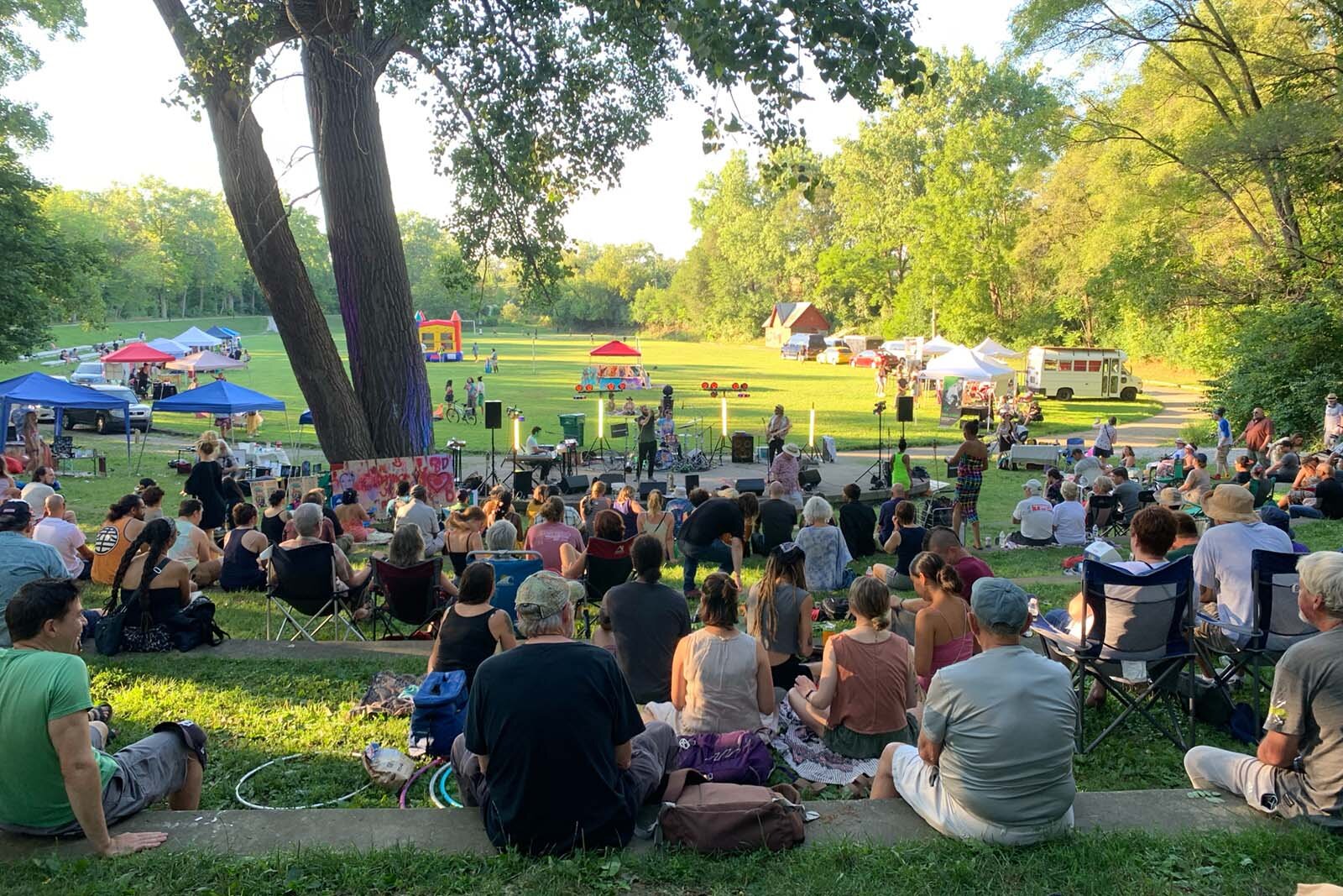 People watch a band play at Fun Fest.