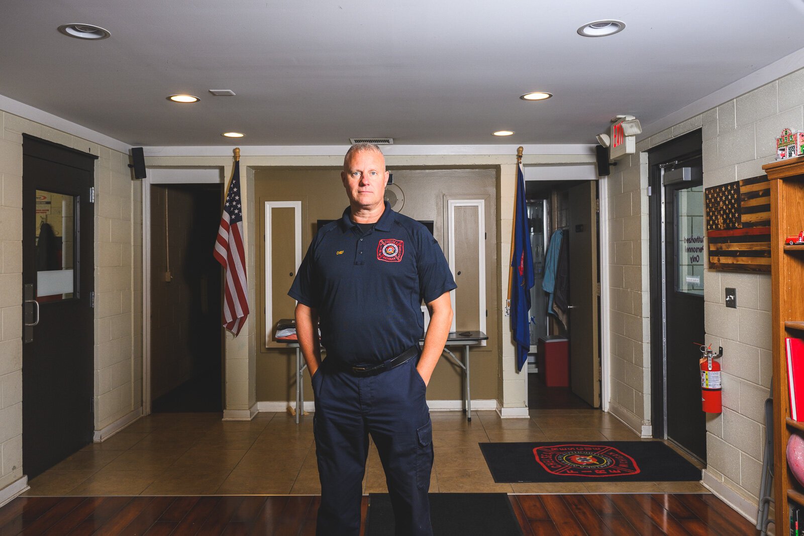 Chief Robert Arbini in the Chelsea fire station meeting room.