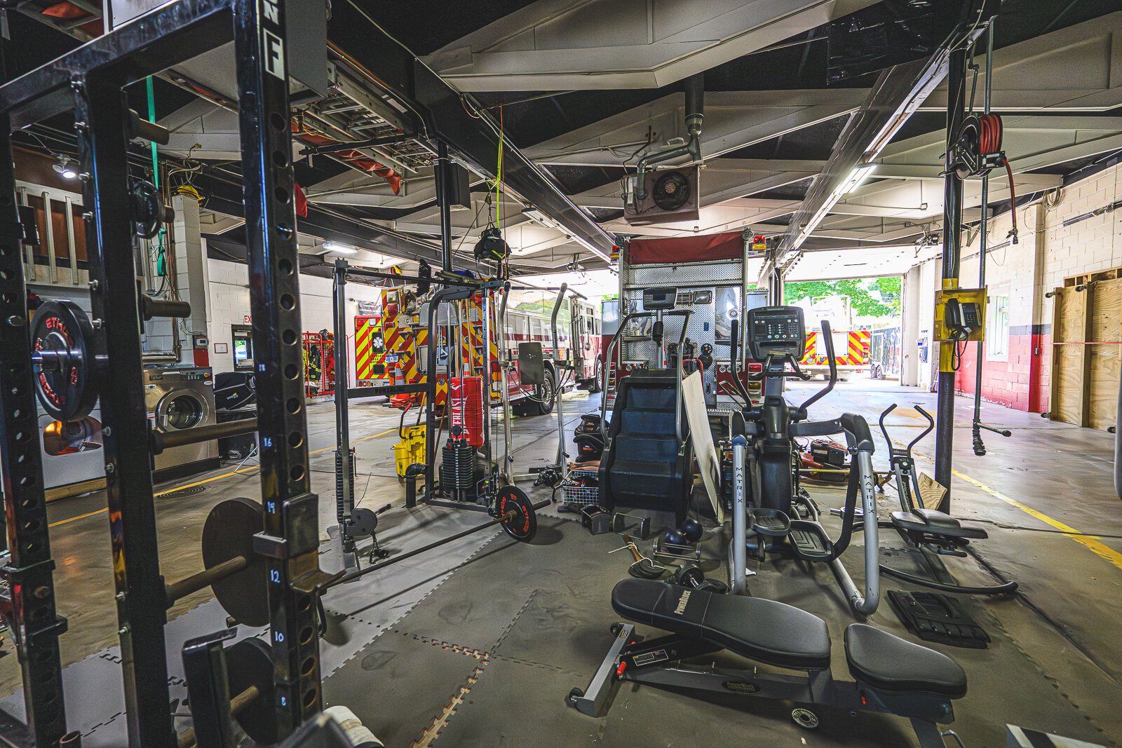 The workout area in the bay of the Chelsea fire station.