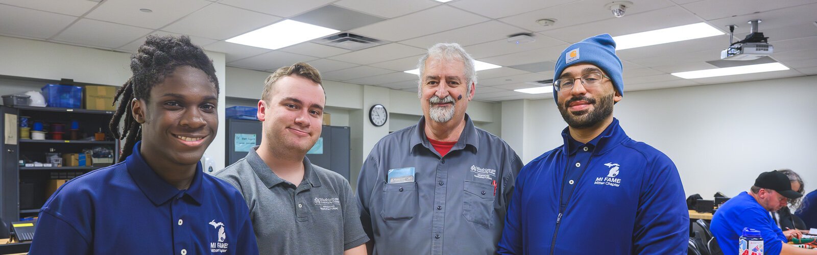 L to R FAME student Darrius Johnson, WCC instructor Nathan Sprague, WCC instructor Jim Popovich, and FAME student Andrew Denton in Basic Electronics class at WCC.