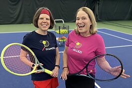 CourtMerch founders Amy Gillett and Carolynn Hayman wear shirts from their international collection.