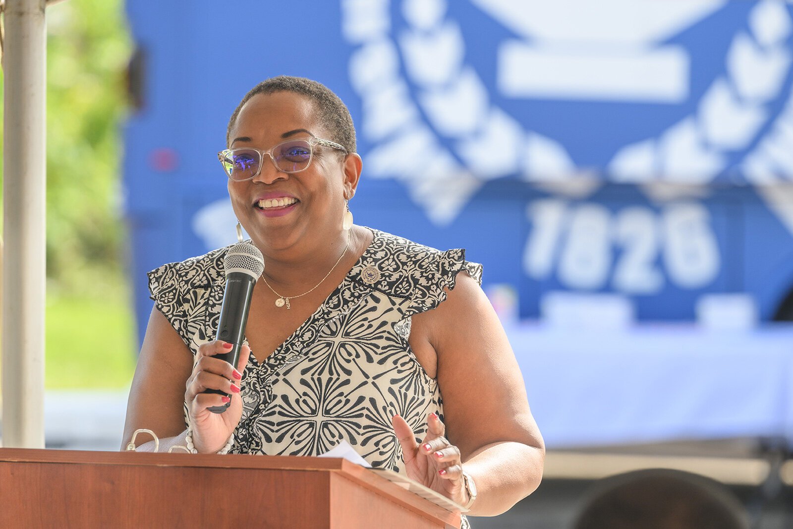 Washtenaw County District 4 Commissioner Caroline Sanders speaks at the groundbreaking of the future Eastern Washtenaw Community and Recreation Center.