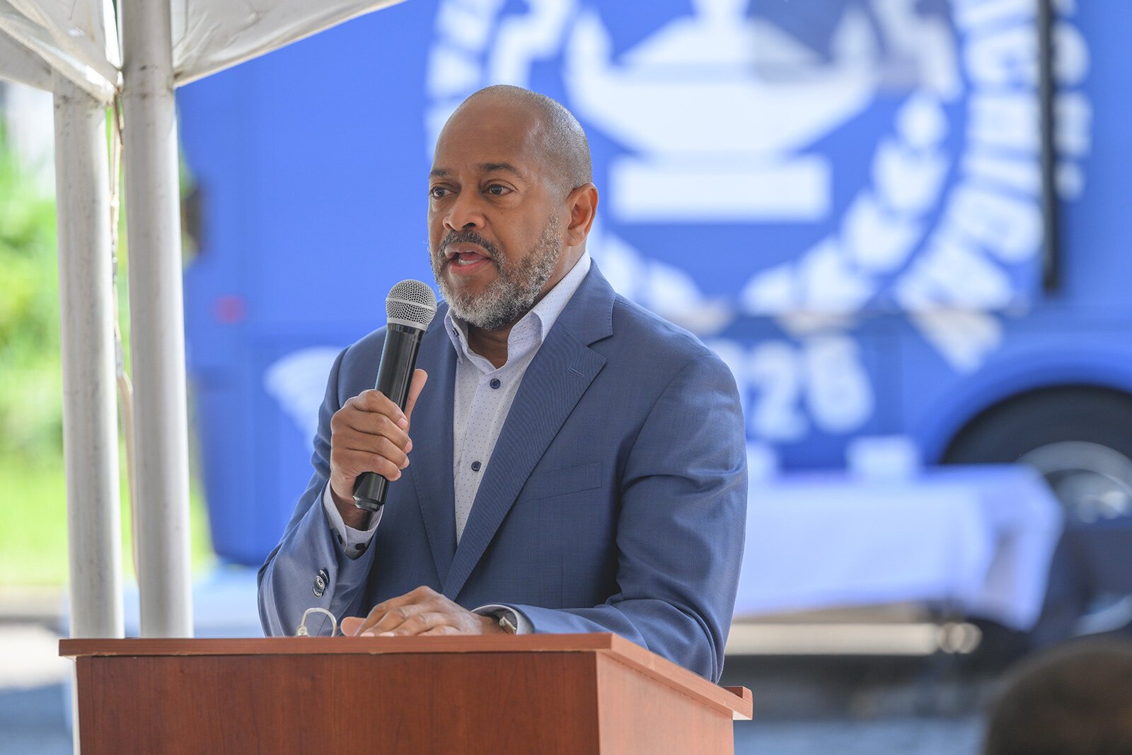 Washtenaw County County Administrator Gregory Dill speaks at the groundbreaking of the future Eastern Washtenaw Community and Recreation Center.