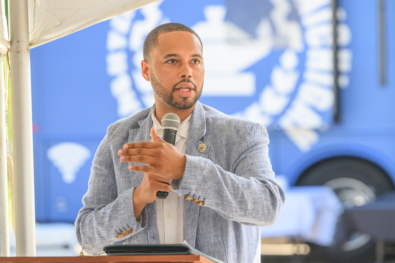 Washtenaw County District 5 Commissioner Justin Hodge speaks at the groundbreaking of the future Eastern Washtenaw Community and Recreation Center.