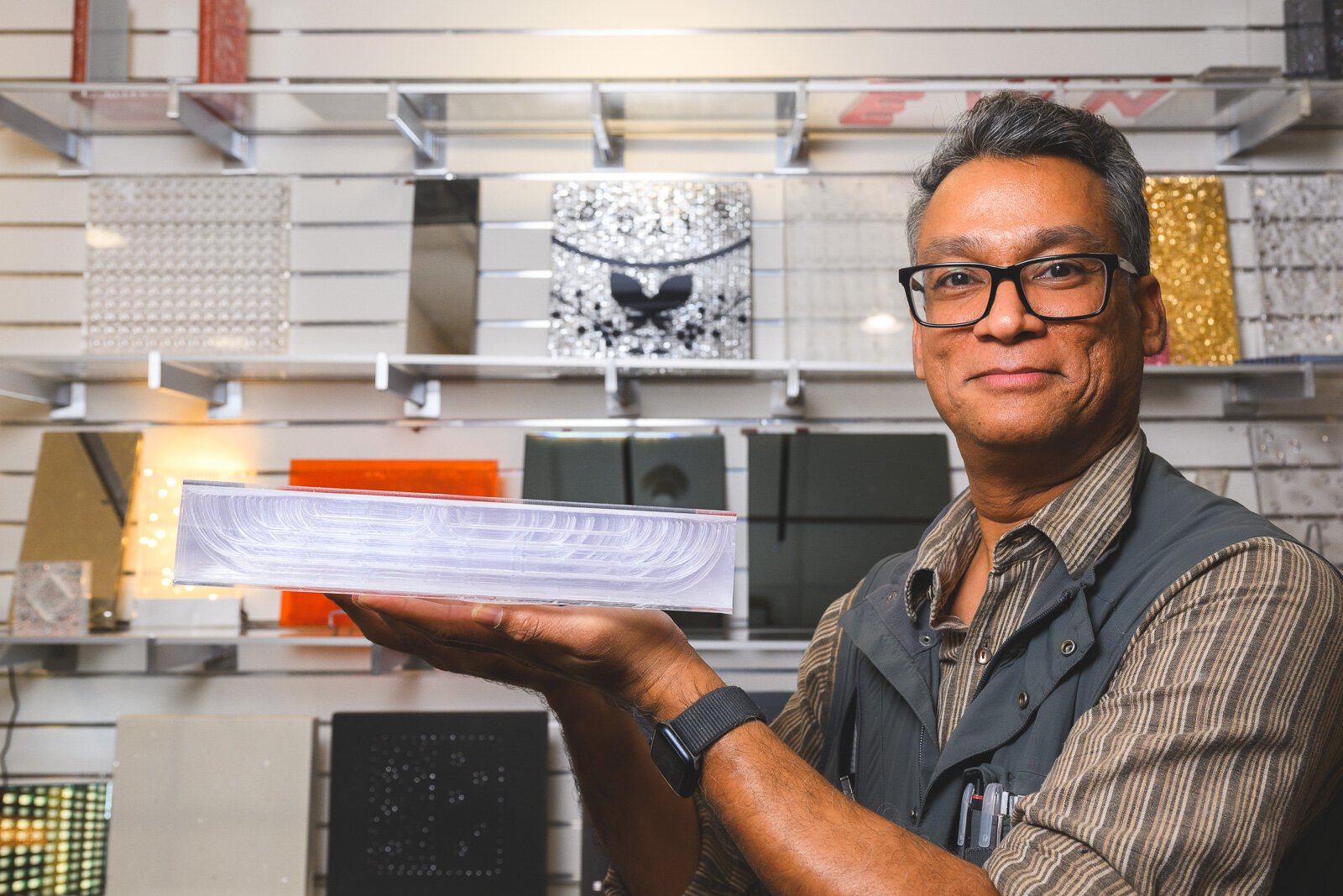 Sensitile founder Abhinand Lath with a Sensitle tile.