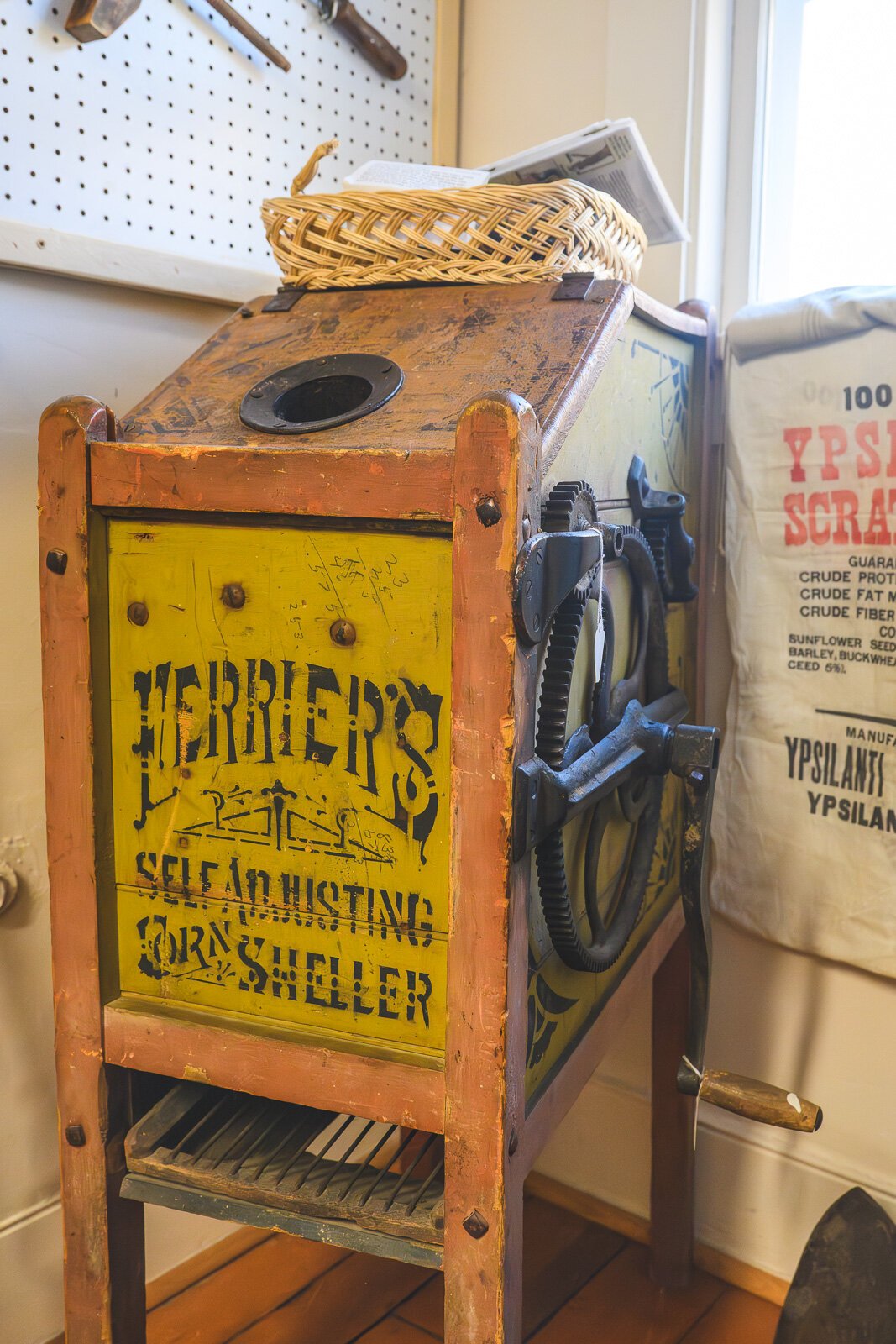 A patented self adjusting corn sheller at the Ypsilanti Historical Society Museum.