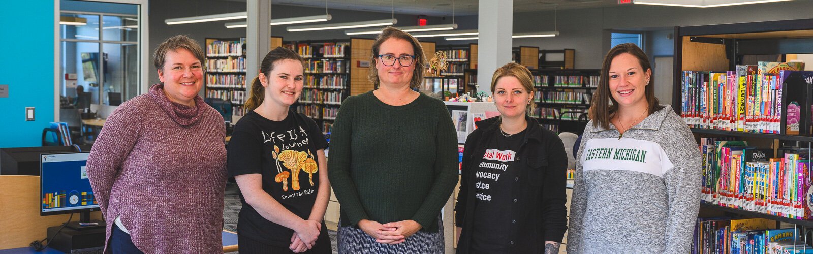 Mary Garboden, Anna Lyon, Cynthia Wilson, Margaret Paauw, and Chelsea Muto at the YDL Superior Branch.