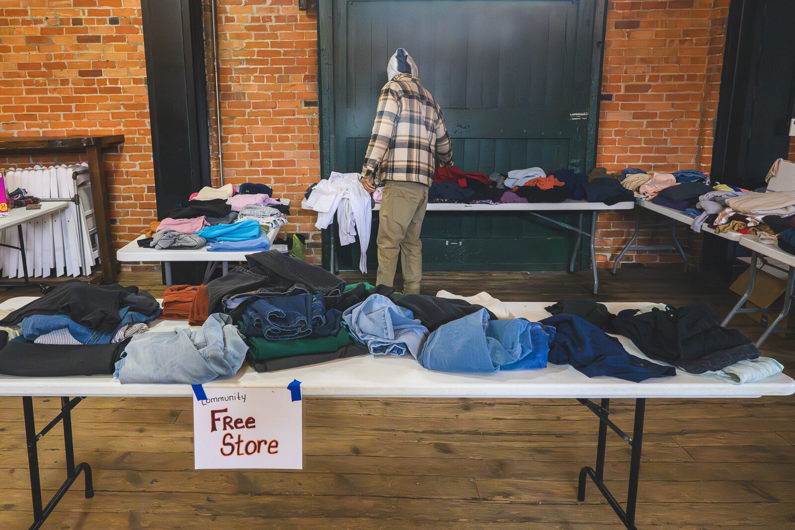 Free clothing at the Ypsilanti Freighthouse daytime warming center.