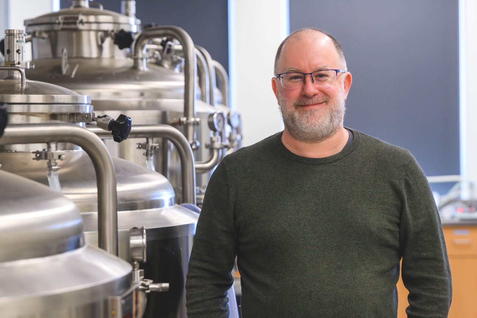 EMU organic chemistry professor Dr. Cory Email in EMU's fermentation lab.