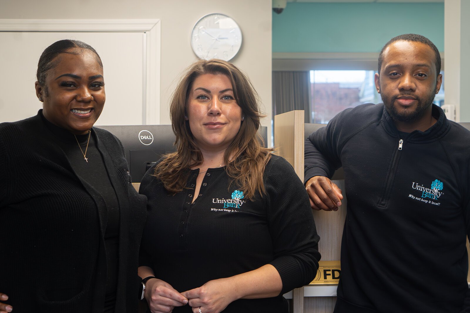 University Bank Customer Service Representative Kiara Ellington, Customer Service Supervisor Jori Knight, and Senior Customer Service Representative Jeremiah Muhammed.