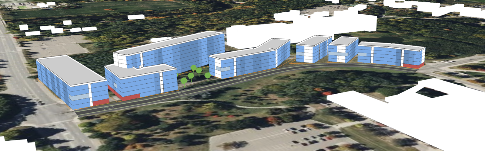 A rendering of the Equitable Ann Arbor Land Trust's proposal for developing the corner of Fuller and Bonisteel in Ann Arbor. The proposal includes 1,328 housing units and 15,000 square feet of retail space.