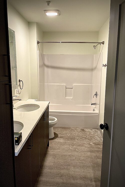 A bathroom in an apartment at Broadway Lofts in Mt. Pleasant, Michigan.