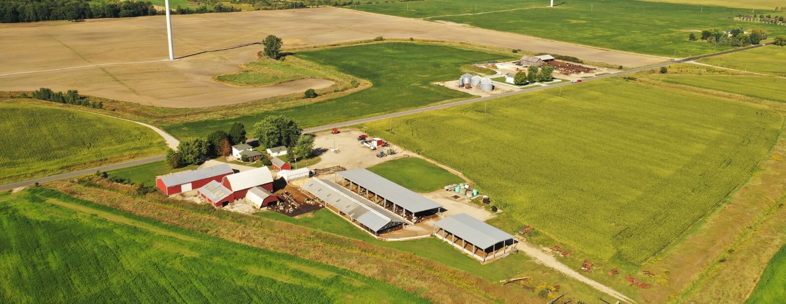 An aerial view of Tyrel Hoover’s family farm, LRW Farms, in Mt. Pleasant.