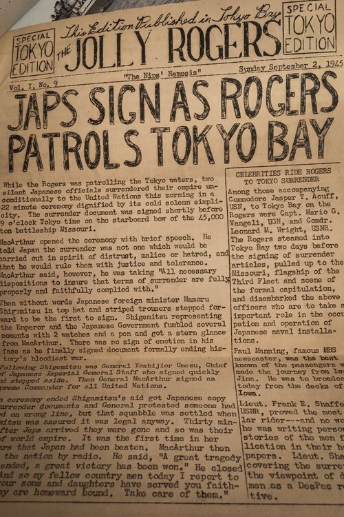 •	The newspaper that was distributed aboard the USS Rogers after the Japanese surrendered.