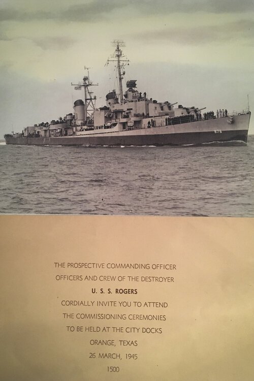 •	A photo of the USS Rogers and invitation to its commissioning.