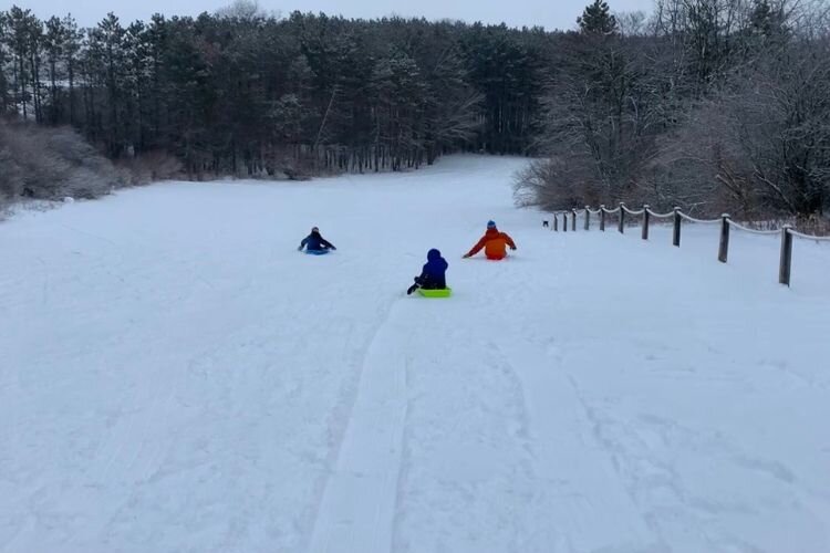 A family enjoys sledding at Deerfield Park in Mt. Pleasant.