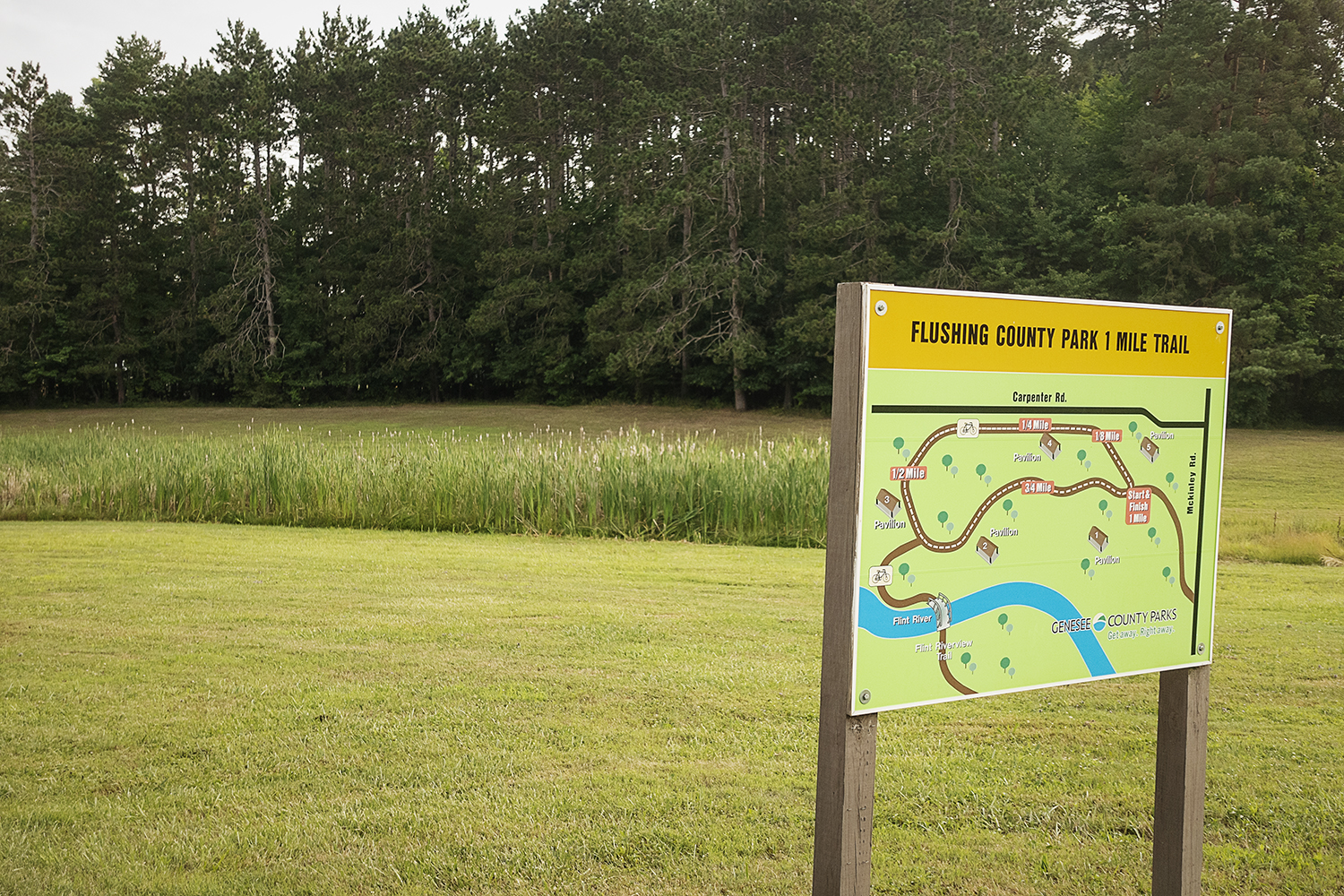 Flushing, MI - Monday, July 16, 2018: The Flushing County Park has multiple pavilions, a 1 mile loop, dog park, fitness area and other amenities.