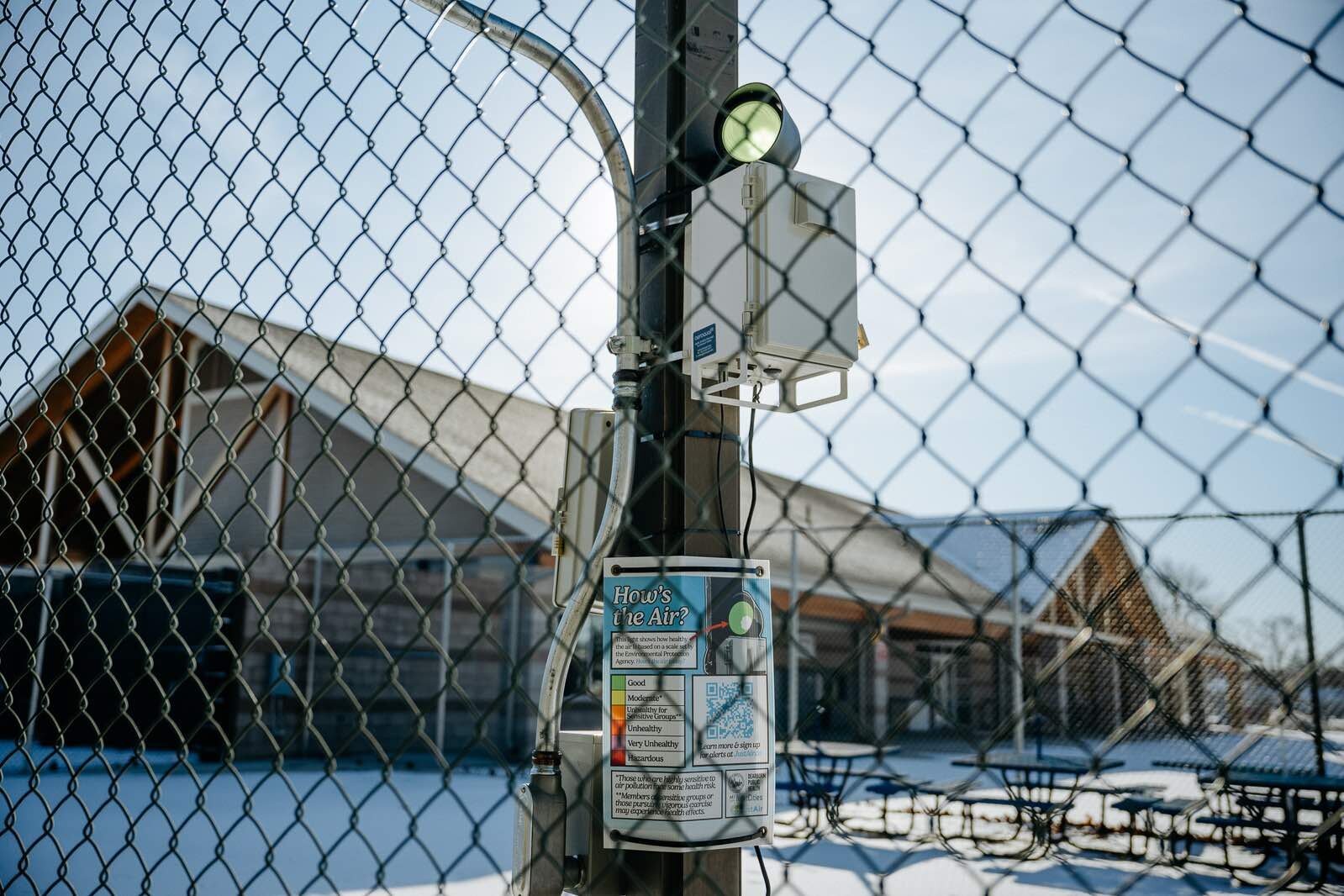 This air quality monitor at Levagood Park in Dearborn displays a color-coded light that conveys the level of air quality that people can see from a distance