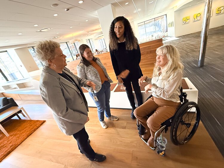 (From left) Peggy Helsel, development director at DAKC; Jenny Gauld, designer at Steelcase; Kamara Sudberry, global inclusive design leader at Steelcase; and Vicky Schmidt, a high-level paraplegic and longtime DAKC test pilot.