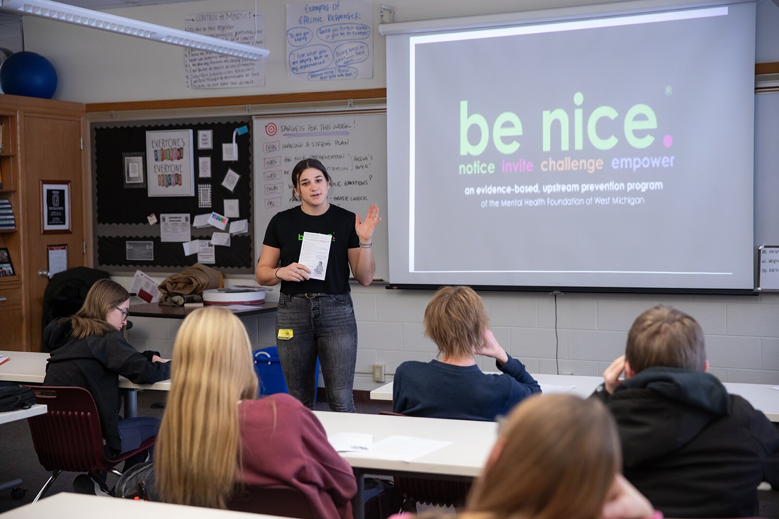 Isabelle Buck leads be nice. program at Grandville Middle School