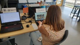 A Herrick District Library patron uses the AI Playground in Groundworks. The playground will be open through mid-September.