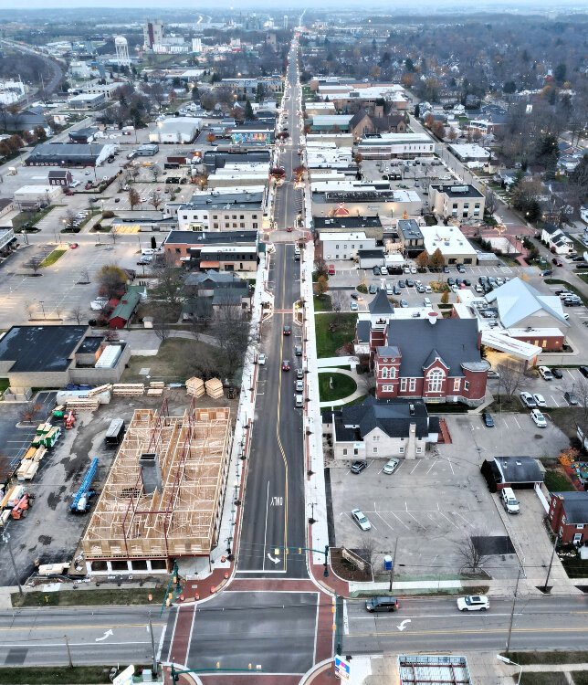 An aerial view of downtown Zeeland.