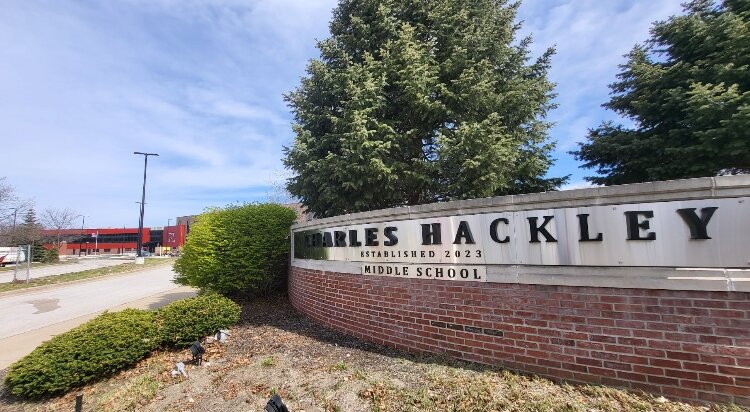 The entrance at the new Charles Hackley Middle School.