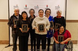 Back row, pictured from left to right: Wayne Klomparens, Ricky Levine, Christine Plummer, and Deborah Sterken. Front row, from left to right: Yanyssa Ochoa, Sarah Leach, and Lucia Rios.