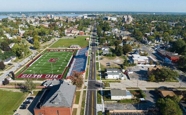 The aerial photo shows the Muskegon Department of Public Works at work on the Sanford Street Lead Service Line Replacement project after completion. 