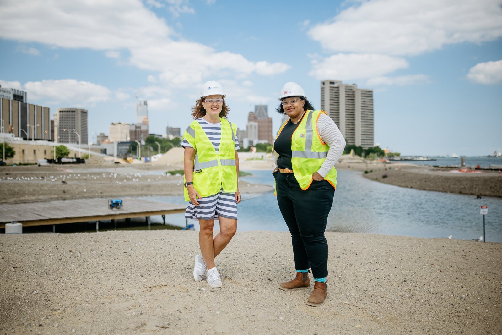 Amy McMillan, director of the Huron-Clinton Metroparks, and Rachel Frierson, vice president of operations and programming for the Detroit Riverfront Conservancy, at the construction site for the future Huron-Clinton Metroparks Water Garden.