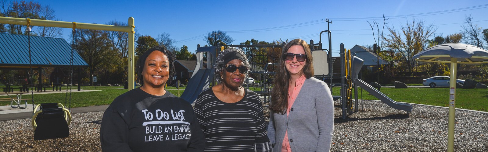 Cody Rouge Community Action Alliance Executive Director Kenyetta Campbell, neighborhood resident and activist Mary Marsh, and Detroit Urban Parks Planner Juliana Fulton at Greenview-Wadsworth Park.