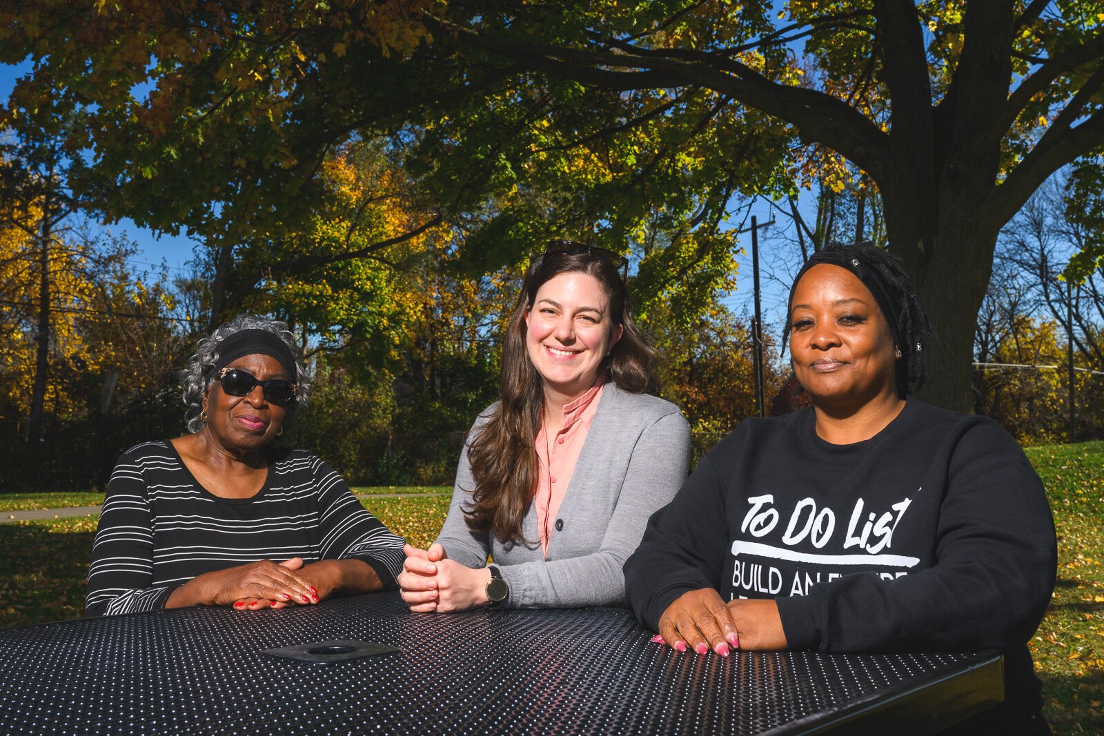 Mary Marsh, Juliana Fulton, and Kenyetta Campbell at Greenview-Wadsworth Park in Detroit. Recent improvements at the park were informed by the city of Detroit's equity metric for parks.