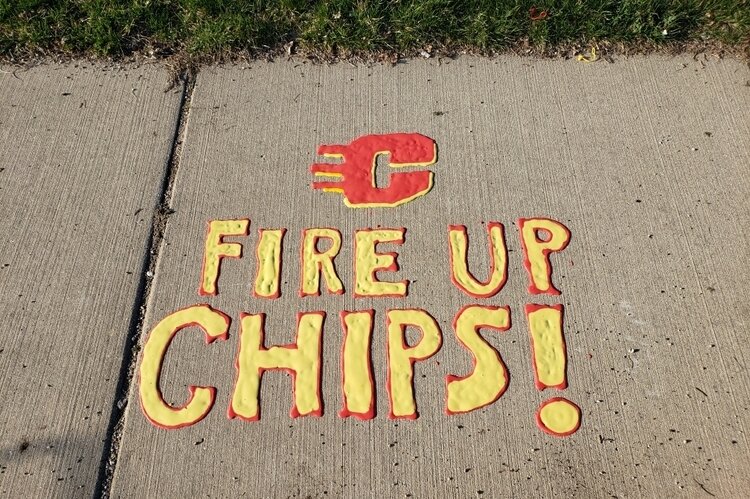 CMU themed chalk art by Liz Whittemore and Erick Fredendall in Mt. Pleasant.